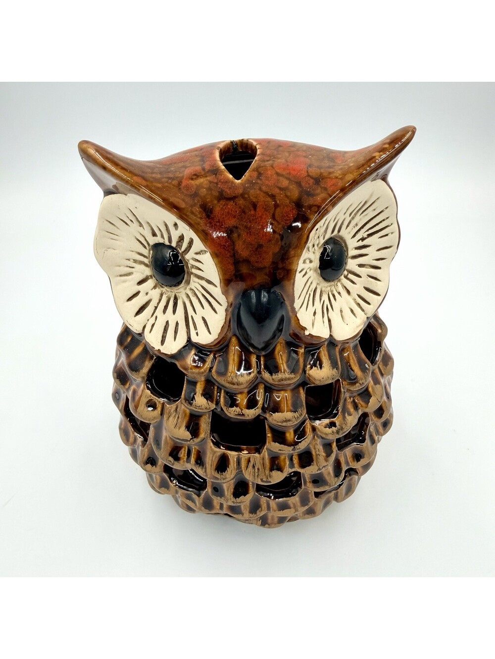 Vintage 70s Ceramic Owl Lantern Candle Holder Incense Burner Brown Drip Glaze 7"